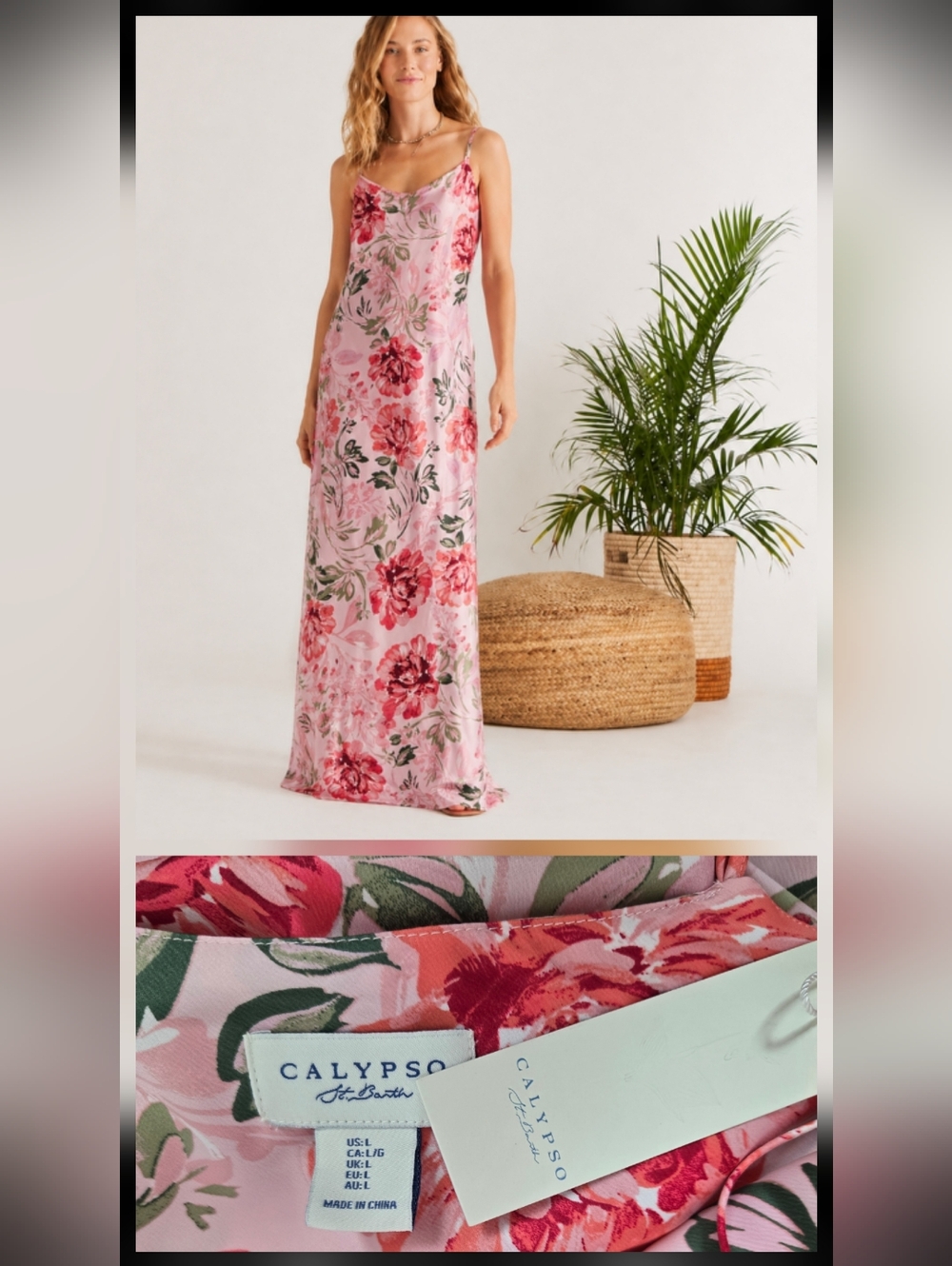 NWT Calypso St Barth Pink Floral Slip Maxi Dress Size Large Silky Romantic Large